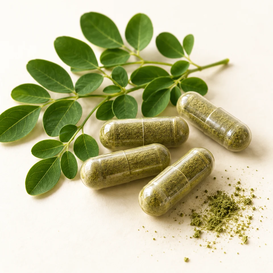 Capsules de moringa et feuilles fraîches