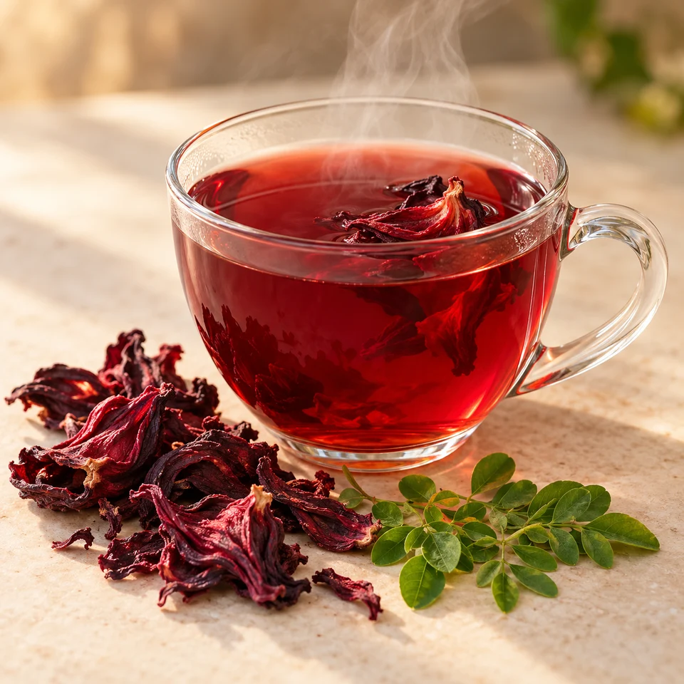 Tasse d’infusion rouge fumante au bissap avec des calices d’hibiscus