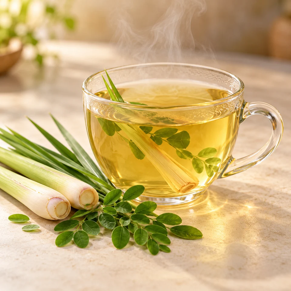Tasse de thé fumant avec de la citronnelle dans l’infusion et à côté