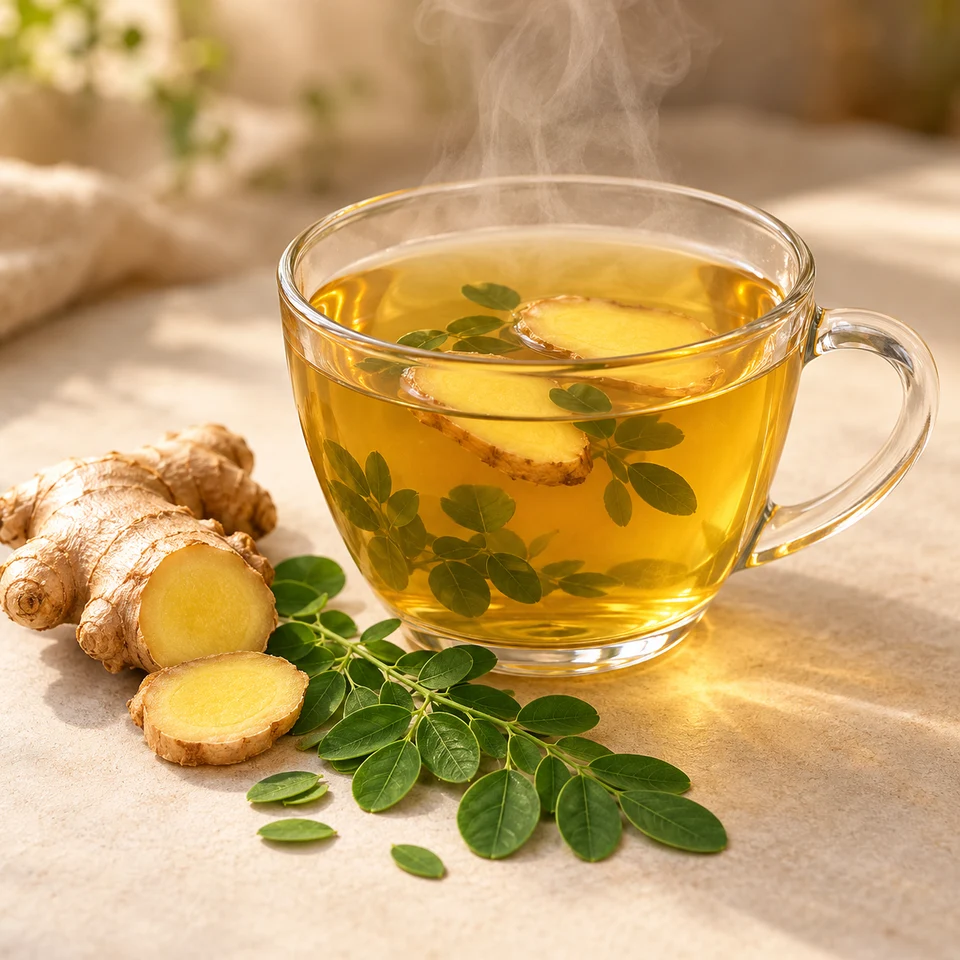 Tasse de thé fumant avec des tranches de gingembre dans l’infusion