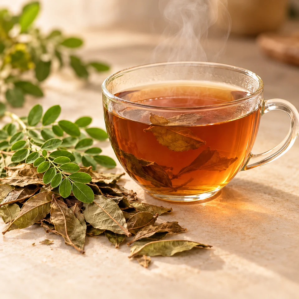 Tasse d’infusion ambrée fumante avec des feuilles de kinkéliba