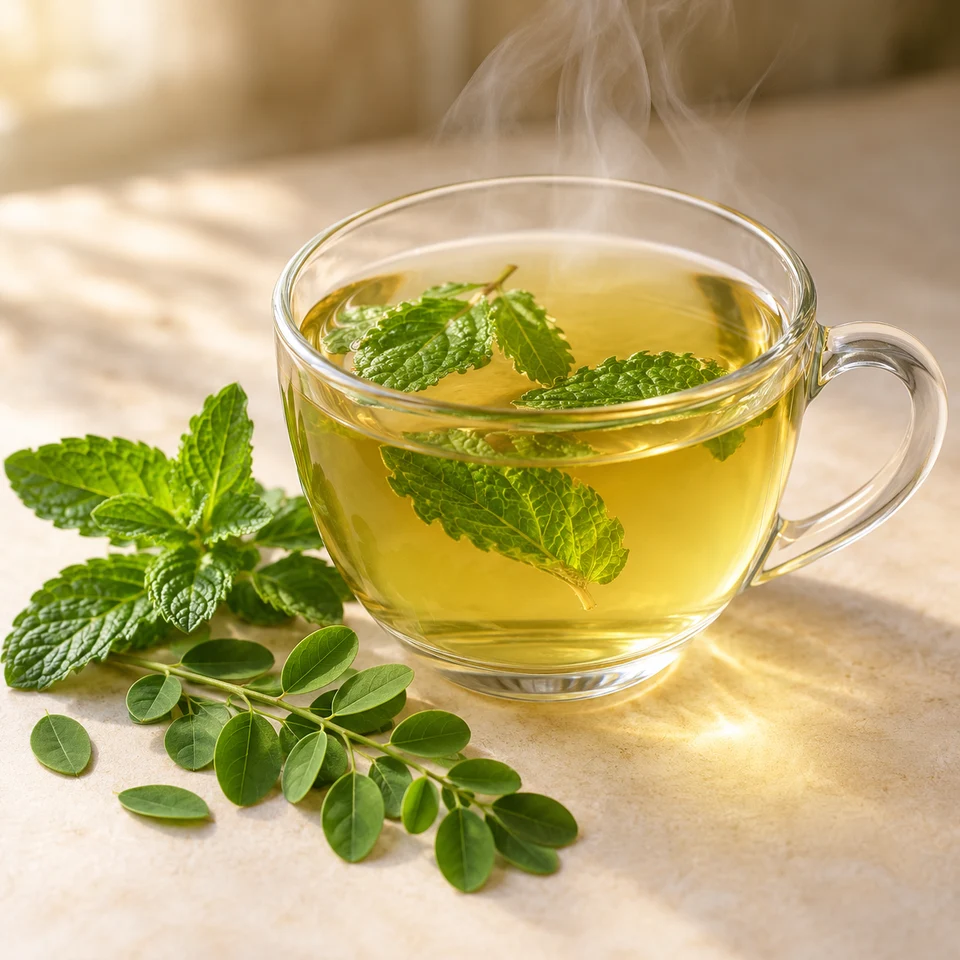 Tasse de thé fumant avec des feuilles de menthe dans l’infusion et à côté