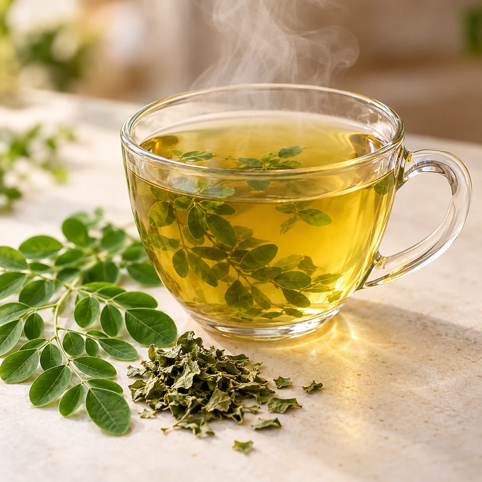 Tasse fumante d’infusion de moringa avec des feuilles de moringa