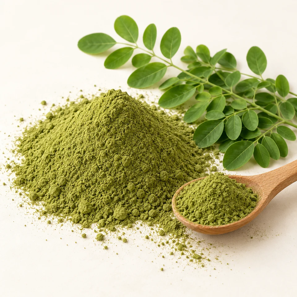 Poudre de moringa, cuillère en bois et feuilles fraîches